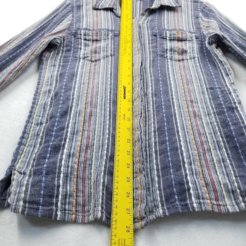 Serengeti Blouse Women M Blue‎ Striped Cotton Long Roll Sleeve Hippie Boho Slim
